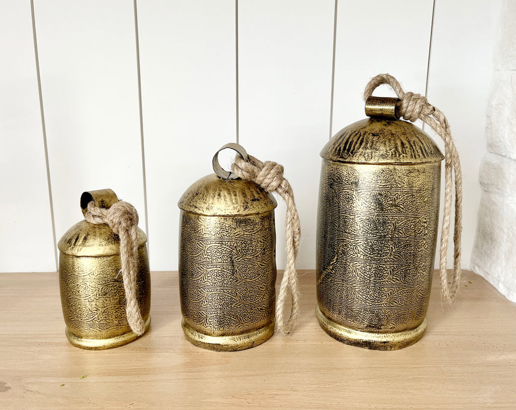 Aged Bronze Decorative Metal Cow Bells - Set of Three - Cozy Cottontail