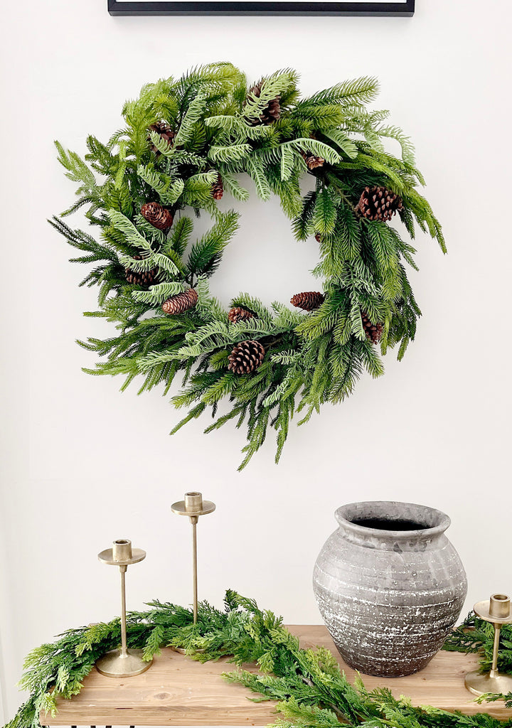 Faux Norfolk, Spruce, and Juniper Wreath - 24" - Cozy Cottontail