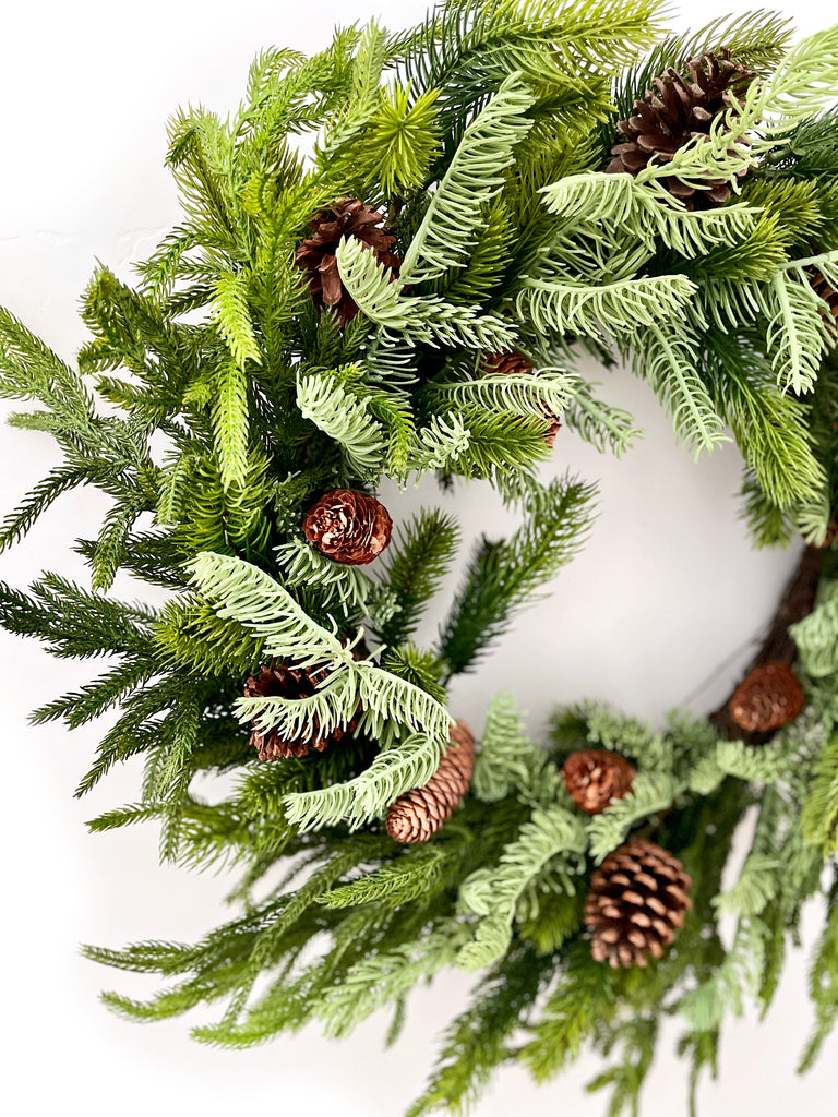Faux Norfolk, Spruce, and Juniper Wreath - 24" - Cozy Cottontail