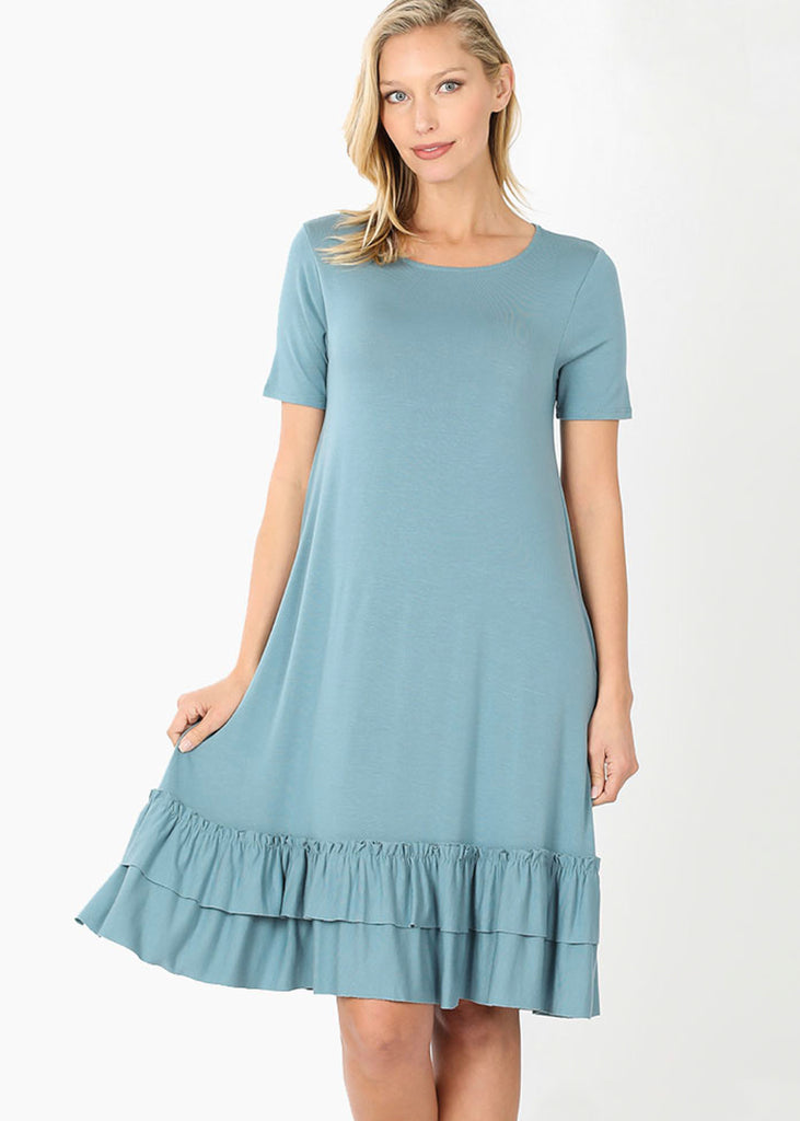 The Harper Ruffled Hem Dress | Blue Gray - Cozy Cottontail