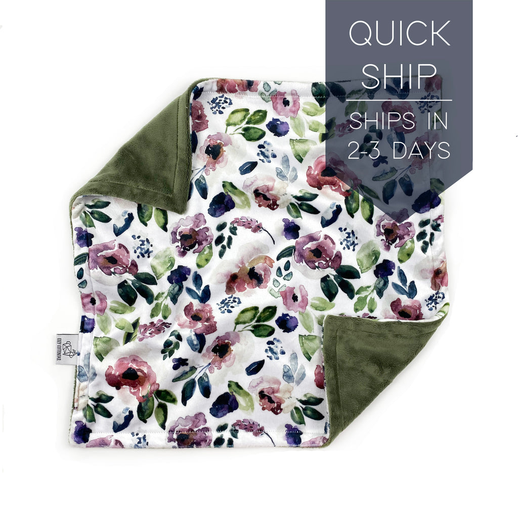 Minky Lovey | Purple Watercolor Floral on Olive - Cozy Cottontail