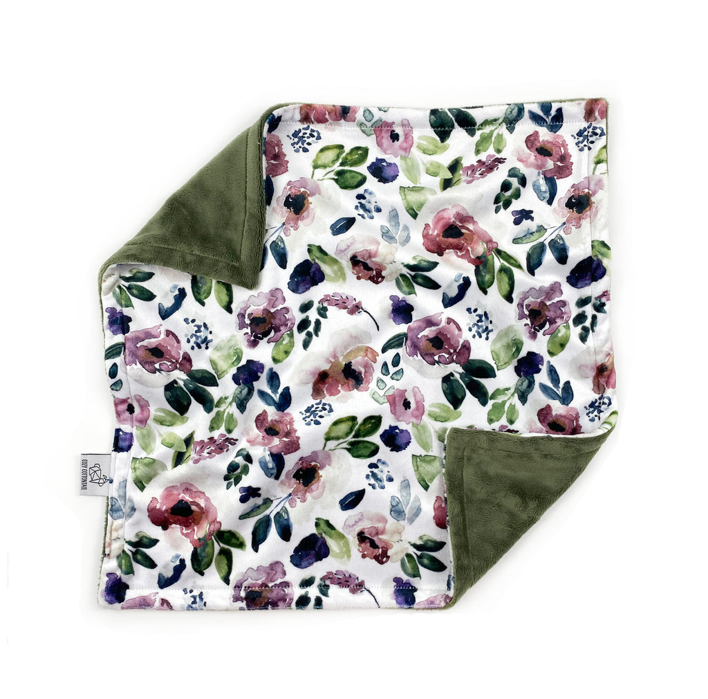 Minky Lovey | Purple Watercolor Floral on Olive - Cozy Cottontail